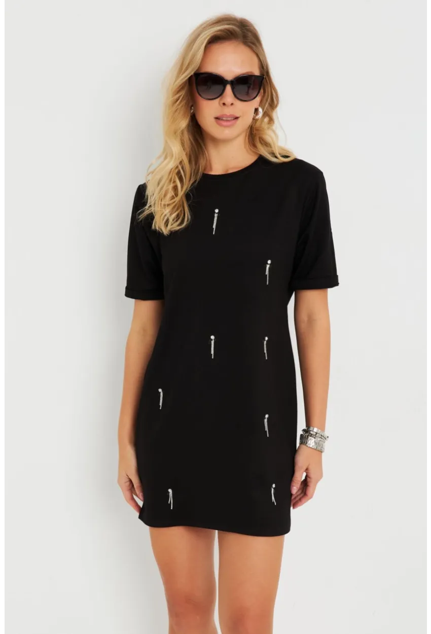Kadın Taşlı Mini Elbise Siyah ST831