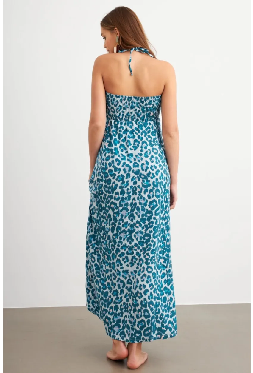 Kadın Turkuaz Büzgülü Desenli Midi Elbise KAB304