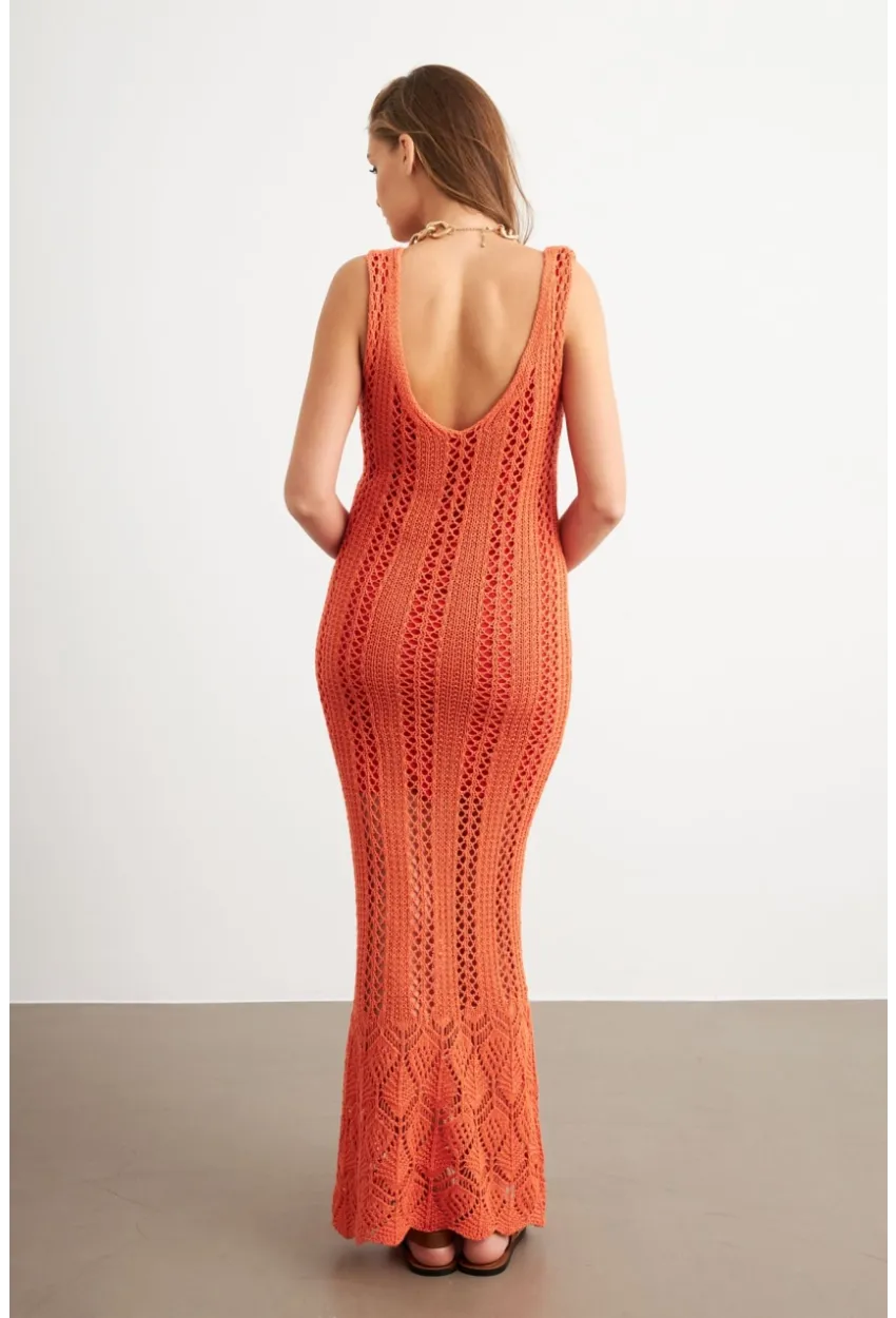 Kadın Turuncu Astarlı Ajurlu Maxi Elbise MBE15001