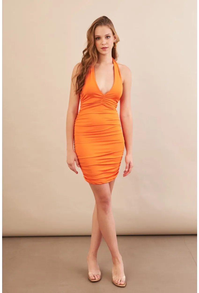Kadın Turuncu Boyundan Bağlamalı Drapeli Mini Elbise DCF033-90