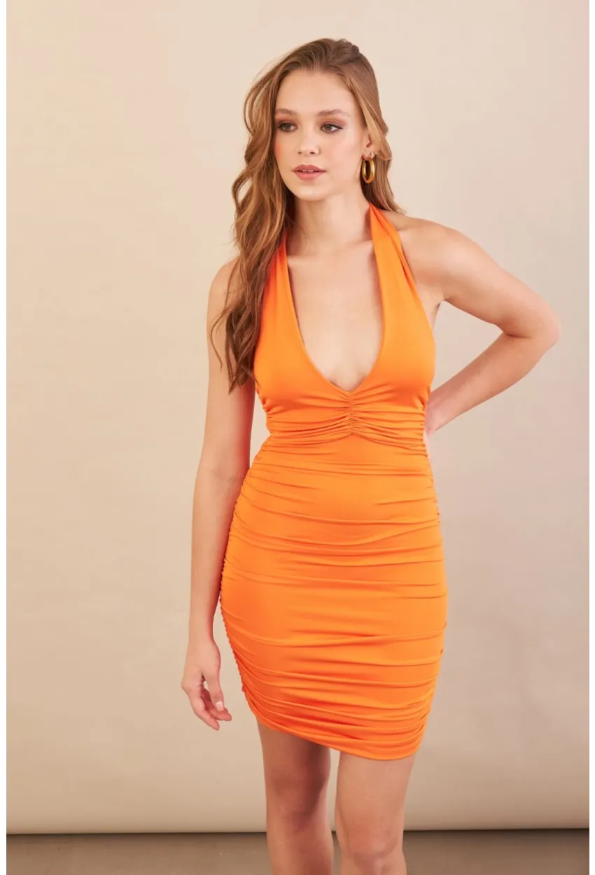 Kadın Turuncu Boyundan Bağlamalı Drapeli Mini Elbise DCF033-90