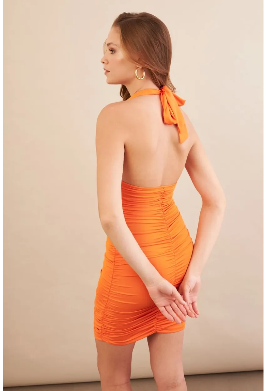 Kadın Turuncu Boyundan Bağlamalı Drapeli Mini Elbise DCF033-90