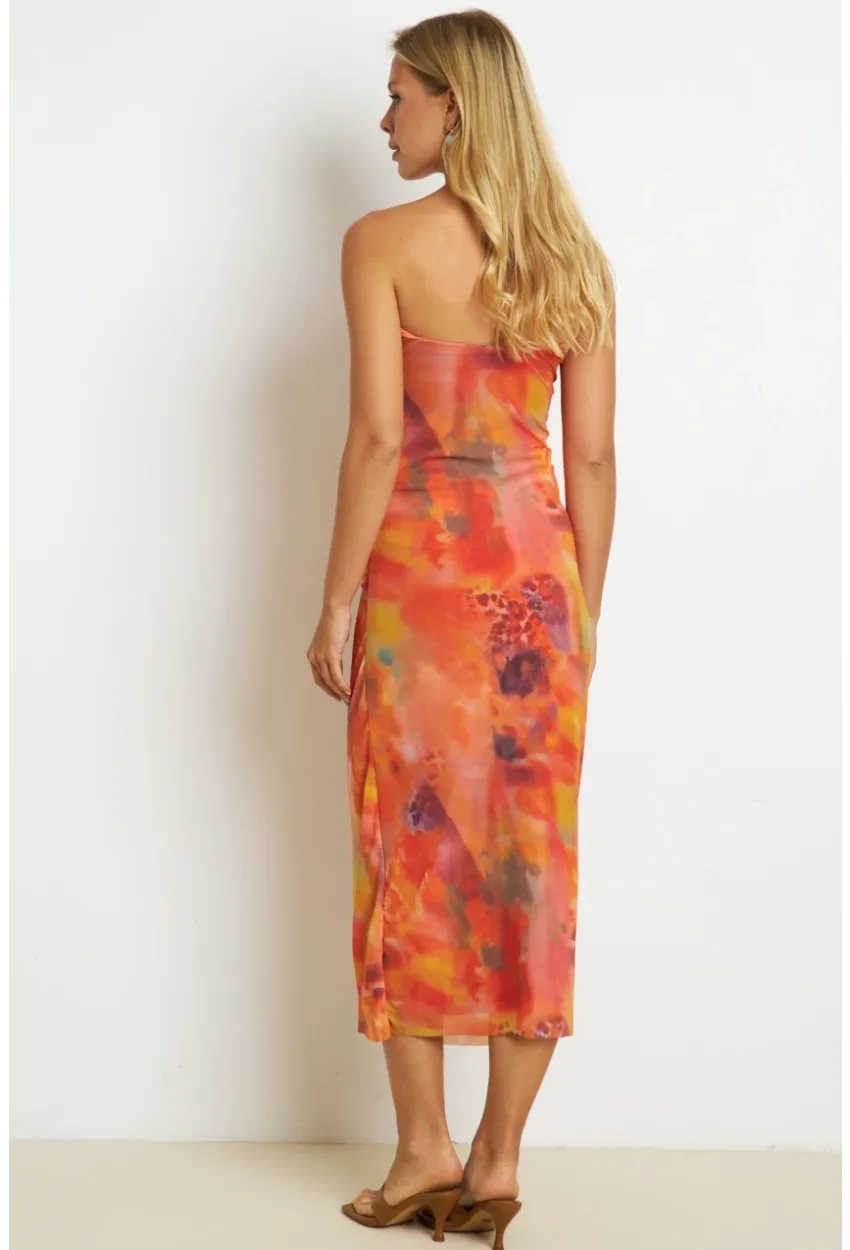 Kadın Turuncu Büzgülü Astarlı Tül Midi Elbise YEL89