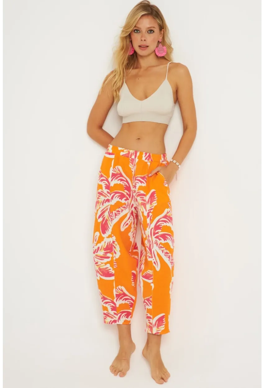 Kadın Turuncu Desenli Keten Şalvar Pantolon K1253