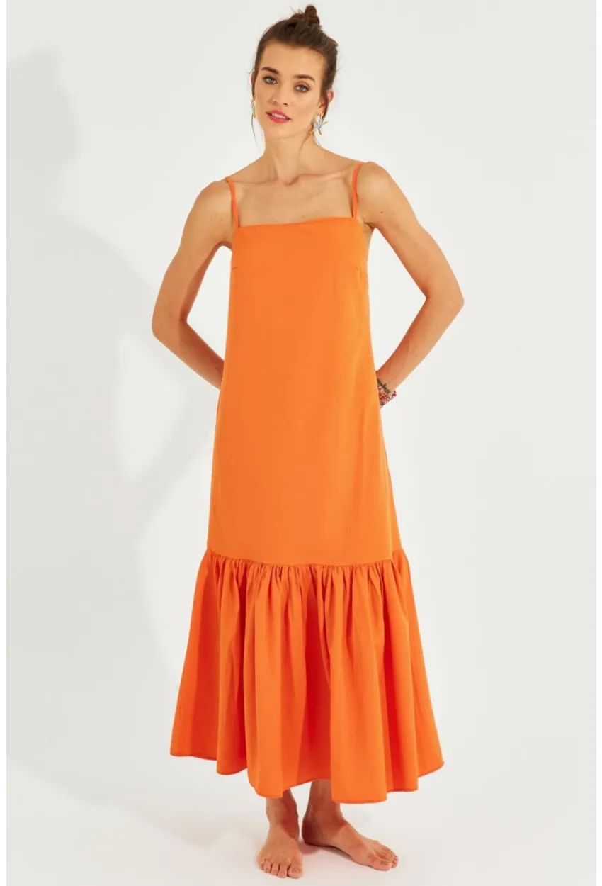 Kadın Turuncu Eteği Volanlı Askılı Midi Elbise MEN2001