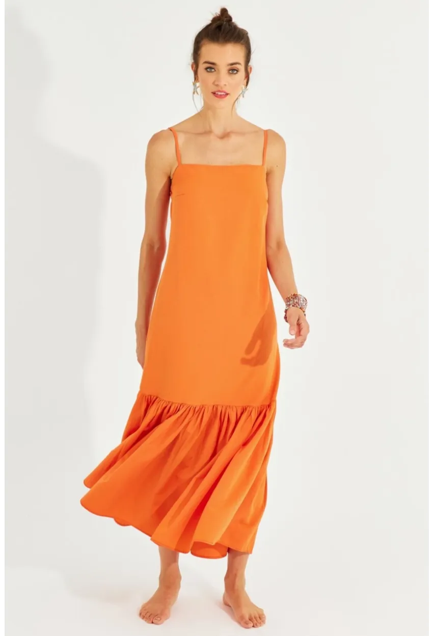 Kadın Turuncu Eteği Volanlı Askılı Midi Elbise MEN2001