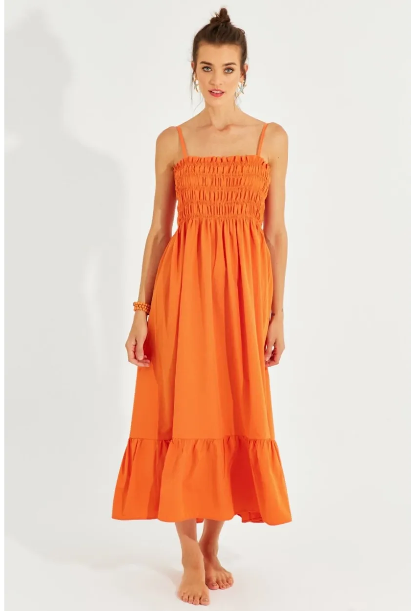 Kadın Turuncu Gipeli Askılı Midi Elbise MEN2000