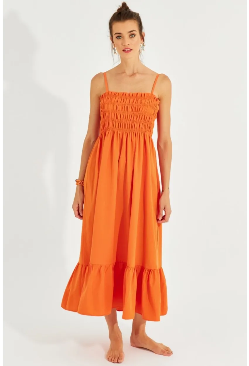 Kadın Turuncu Gipeli Askılı Midi Elbise MEN2000