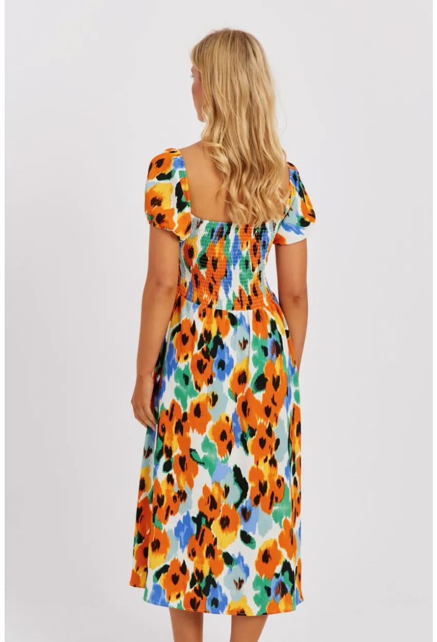 Kadın Turuncu Gipeli Desenli Midi Elbise MON126