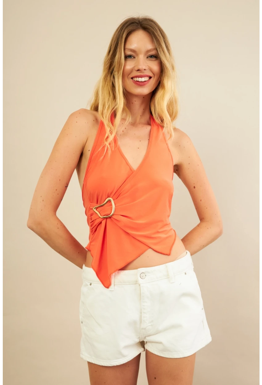 Kadın Turuncu Tokalı Asimetrik Crop Bluz AN8134