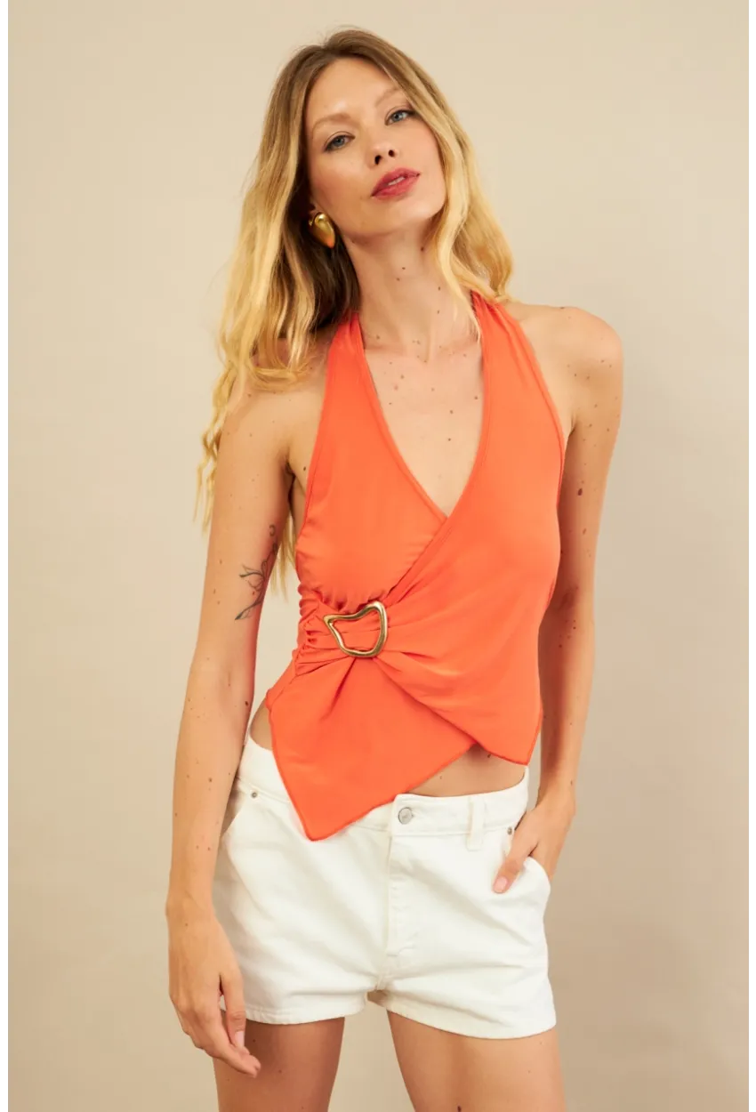 Kadın Turuncu Tokalı Asimetrik Crop Bluz AN8134