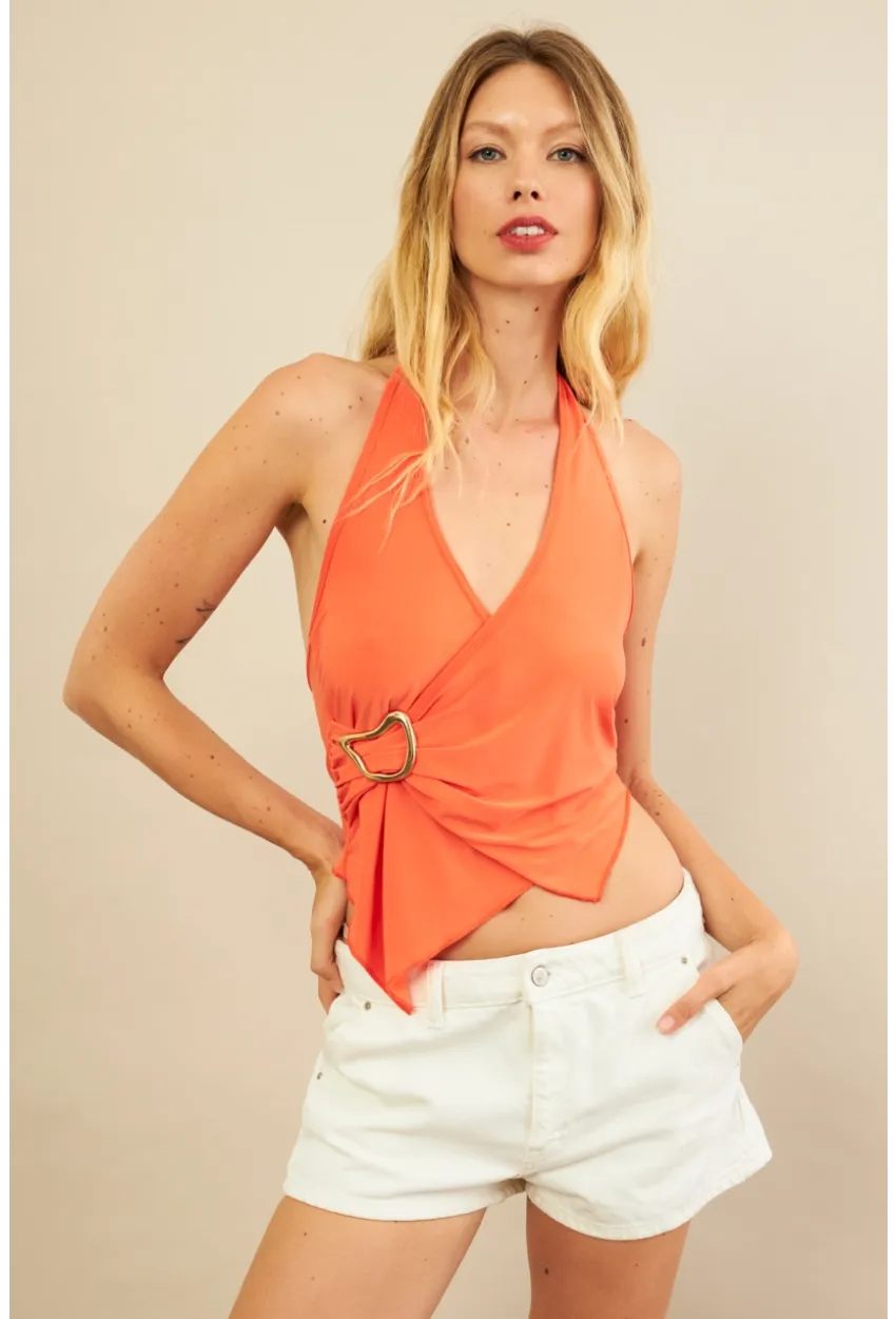 Kadın Turuncu Tokalı Asimetrik Crop Bluz AN8134