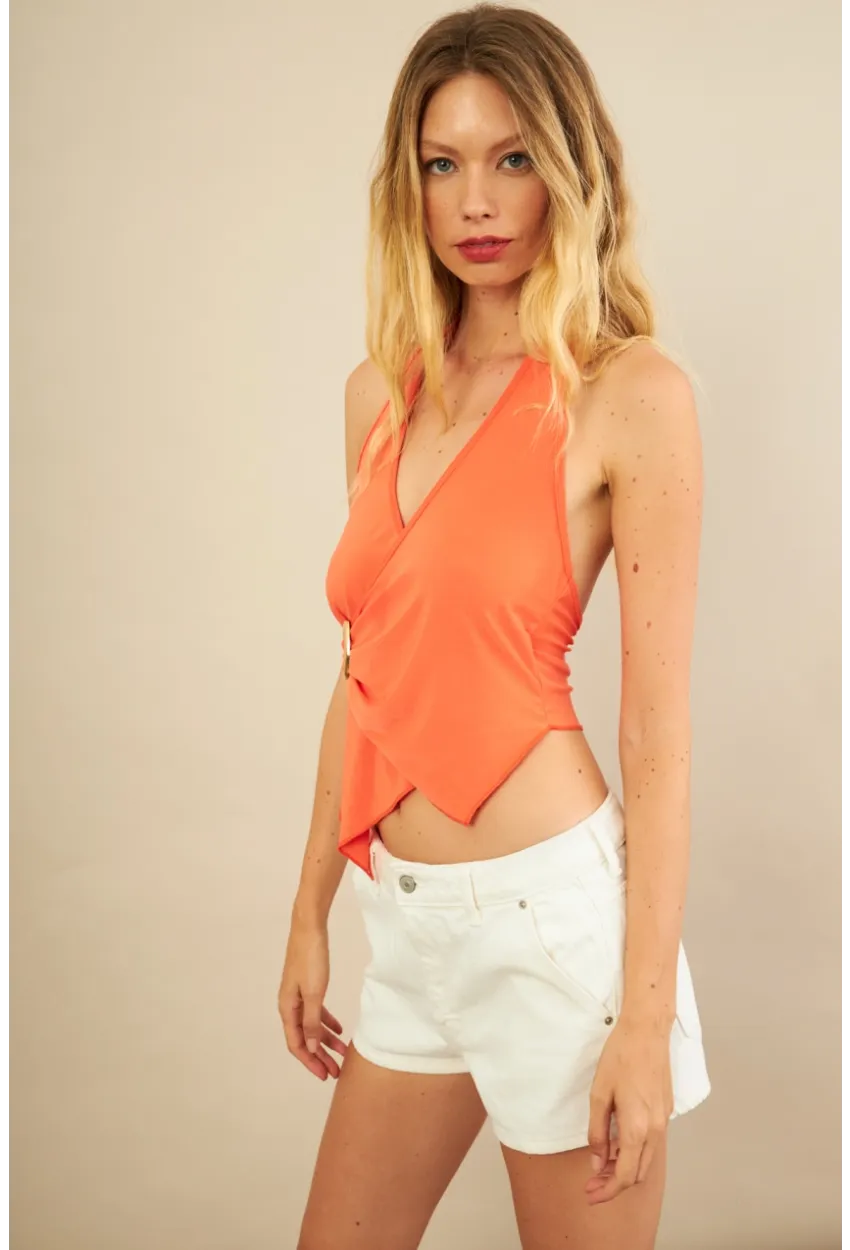 Kadın Turuncu Tokalı Asimetrik Crop Bluz AN8134
