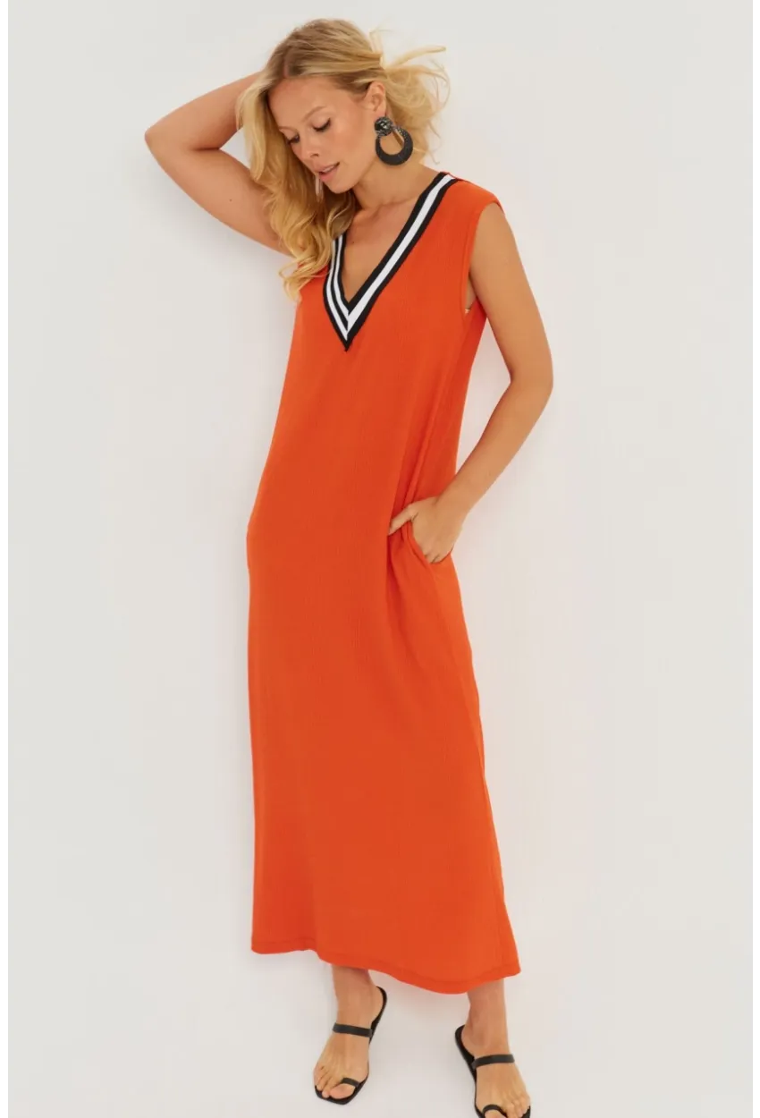 Kadın Turuncu V Yaka Bloklu Maxi Elbise EY2779