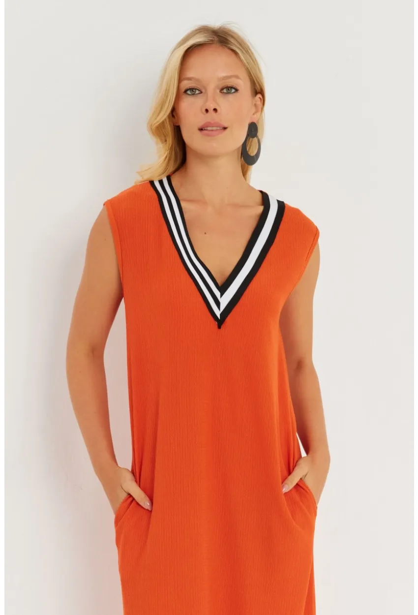 Kadın Turuncu V Yaka Bloklu Maxi Elbise EY2779