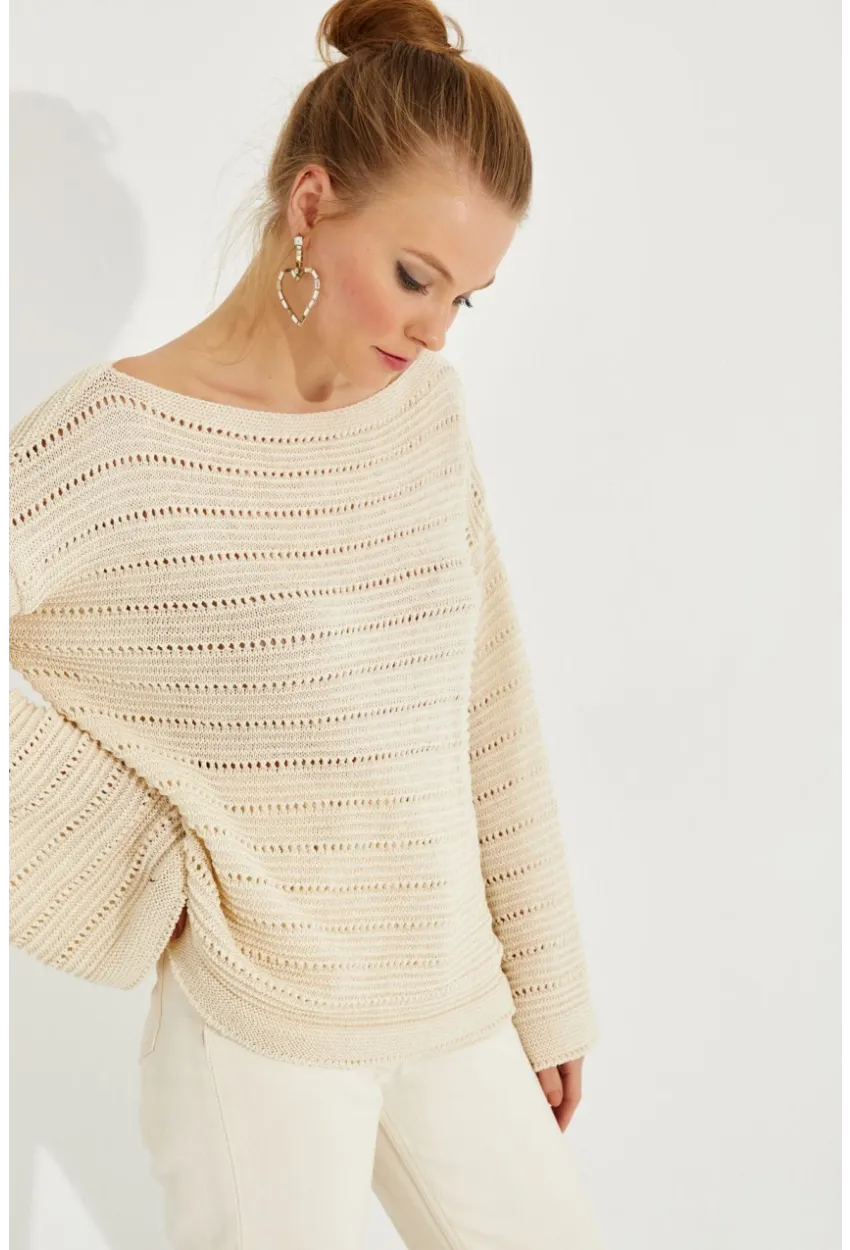 Kadın Vanilya Ajurlu Triko Bluz YV213