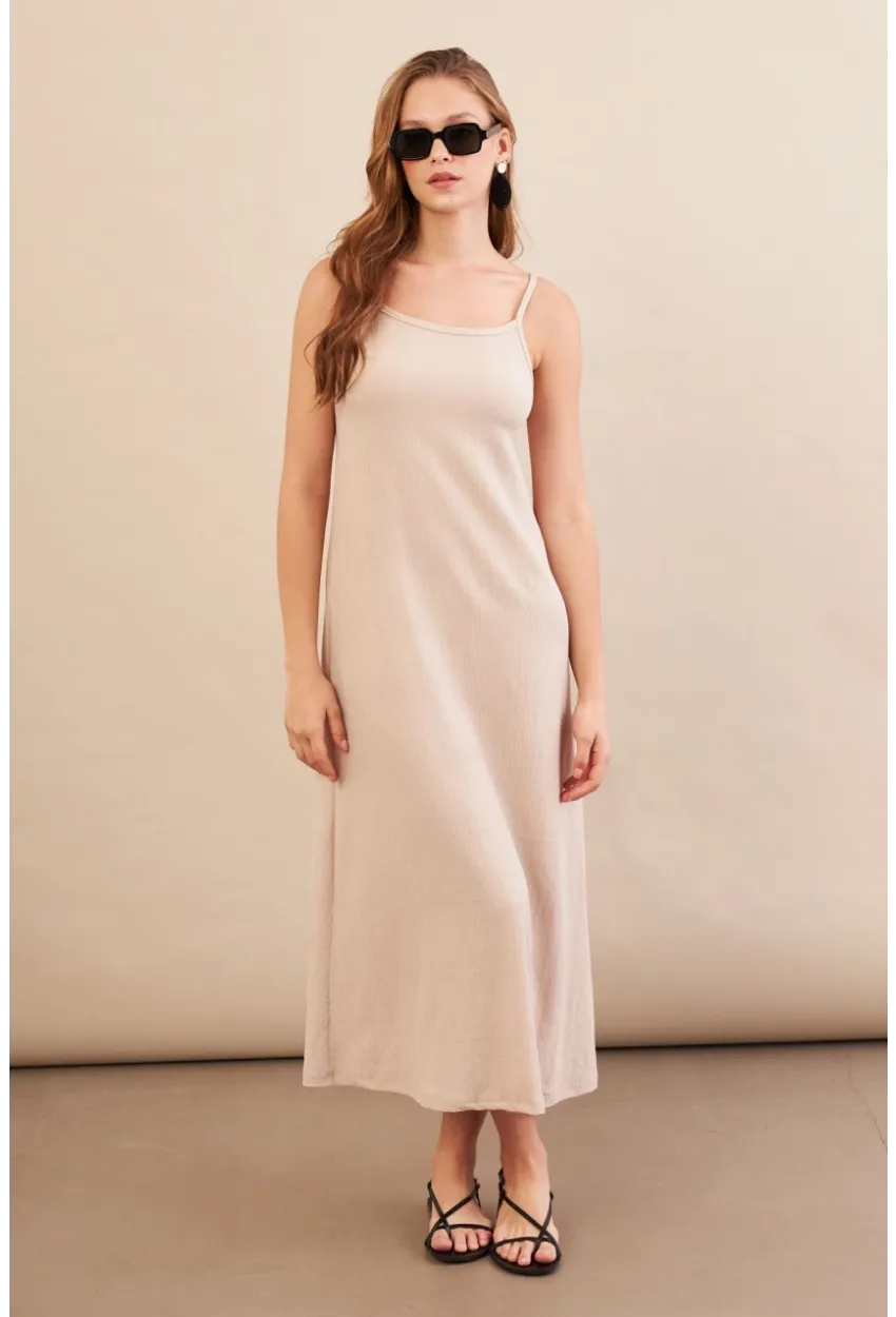Kadın Vanilya Ayarlanabilir Askılı Bürümcük Midi Elbise MX9455