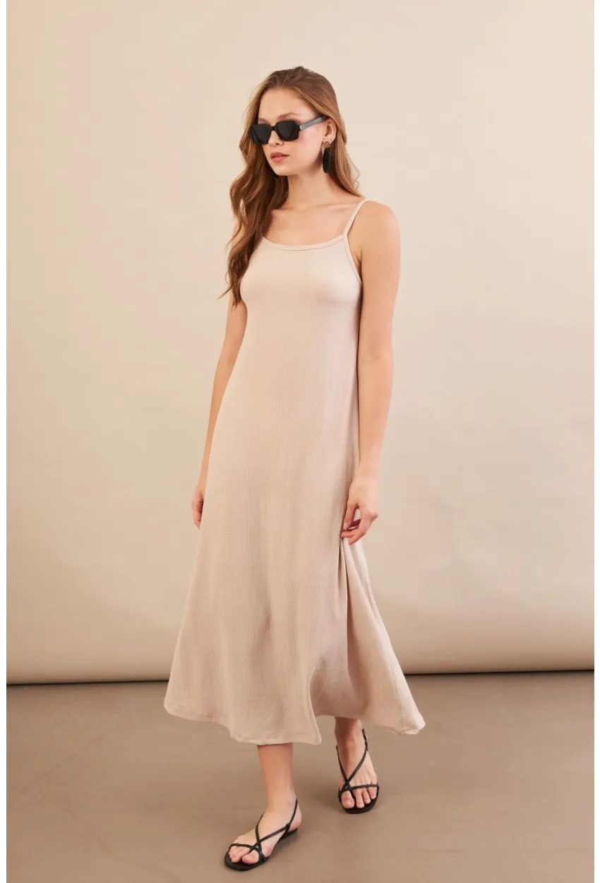 Kadın Vanilya Ayarlanabilir Askılı Bürümcük Midi Elbise MX9455