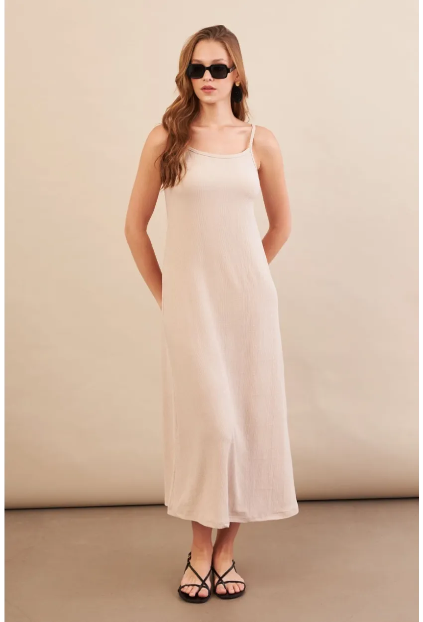 Kadın Vanilya Ayarlanabilir Askılı Bürümcük Midi Elbise MX9455