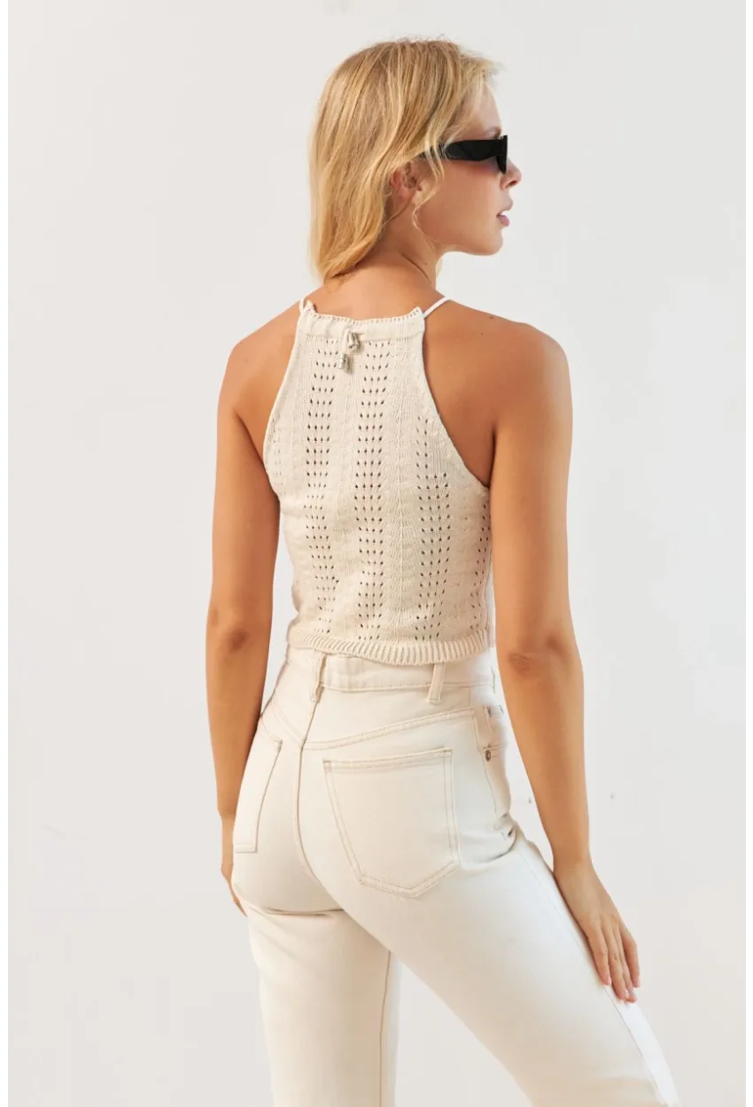 Kadın Vanilya Ayarlanabilir Boyunlu Triko Bluz MP20147