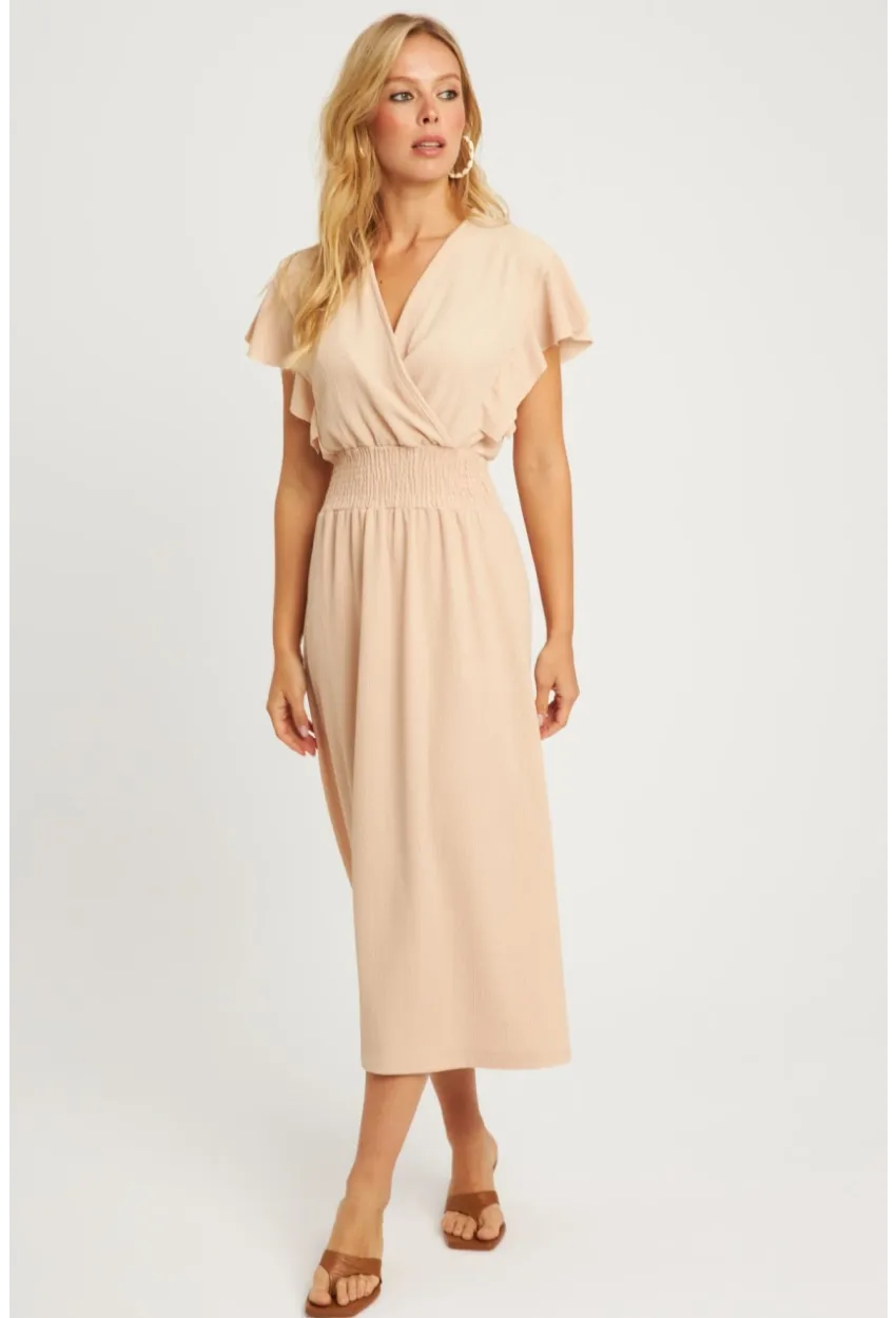 Kadın Vanilya Bürümcük Kruvaze Midi Elbise XL2008