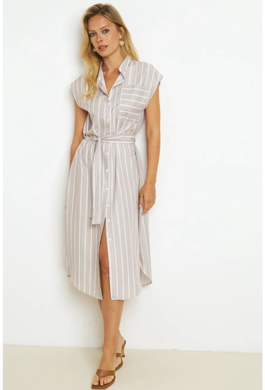 Kadın Vanilya Çizgili Midi Gömlek Elbise SF1000