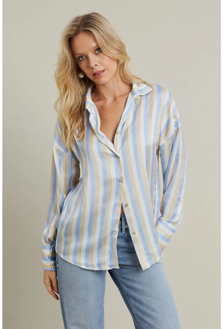 Kadın Vanilya-Mavi Desenli Saten Gömlek MSHR9