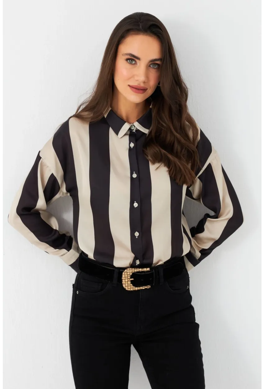 Kadın Vanilya-Siyah Desenli Saten Gömlek MSHR500