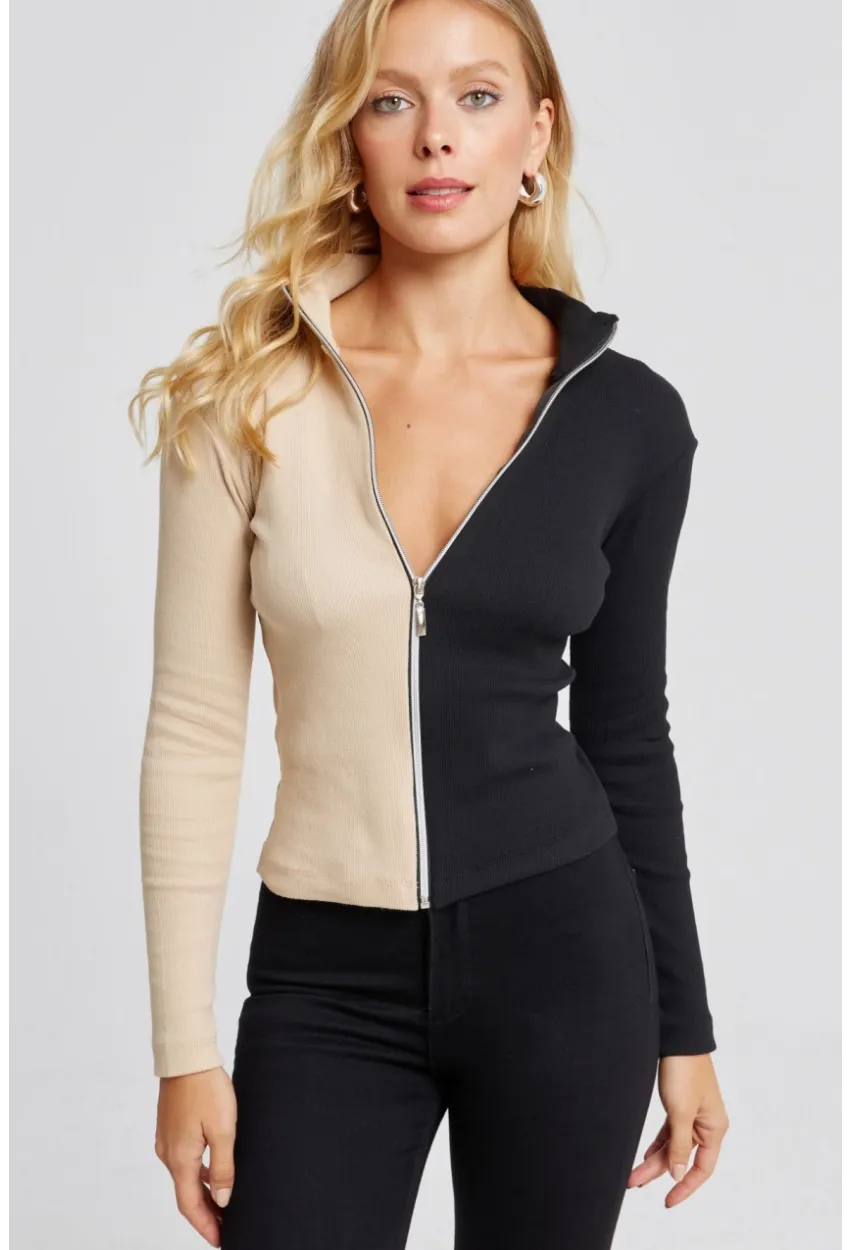 Kadın Vanilya-Siyah Renk Bloklu Kaşkorse Bluz EY2586