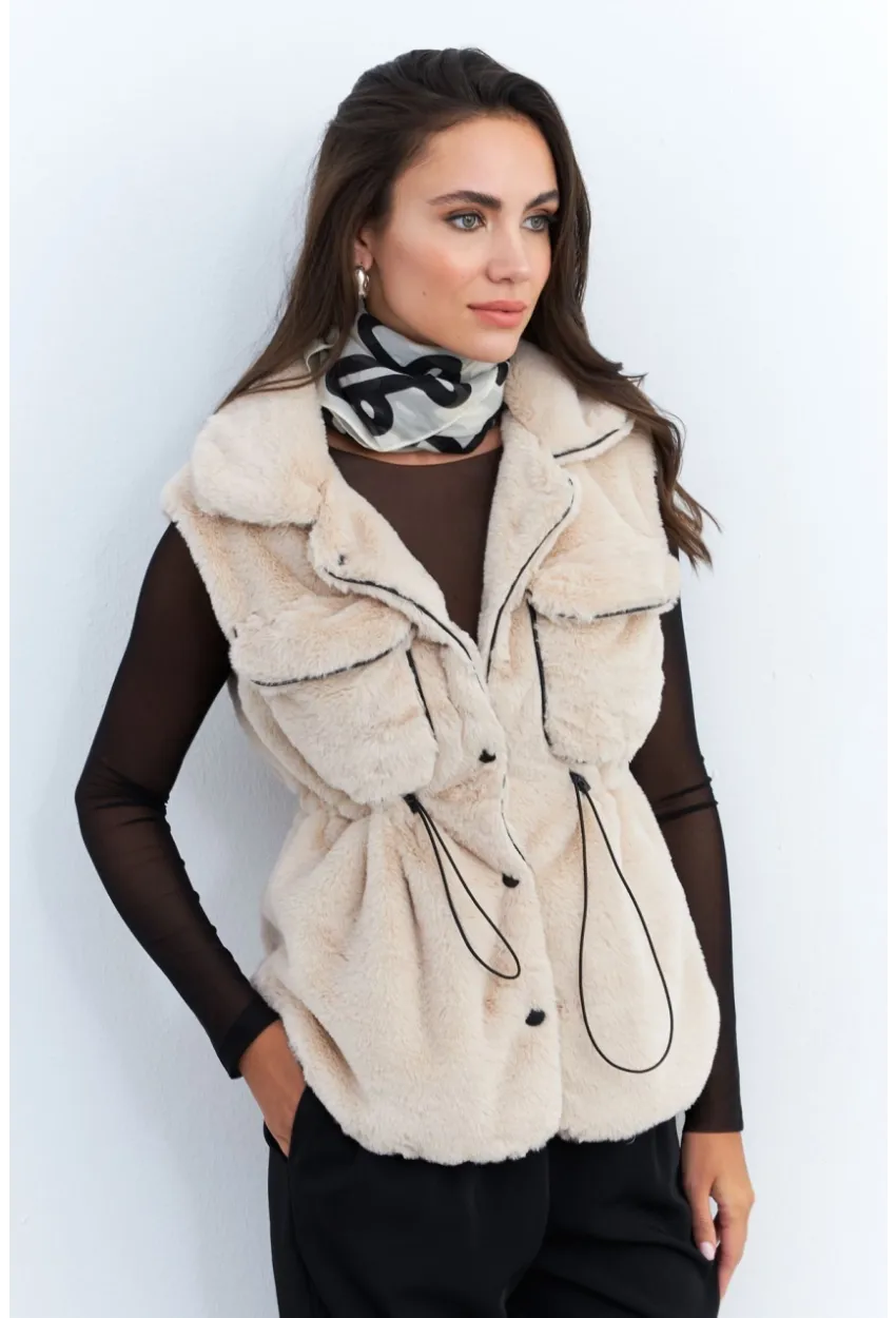 Kadın Vanilya Suni Kürk Cepli Yelek MK66