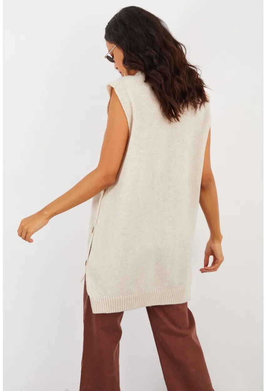 Kadın Vanilya Yanları Düğmeli Kolsuz Triko Tunik YV75