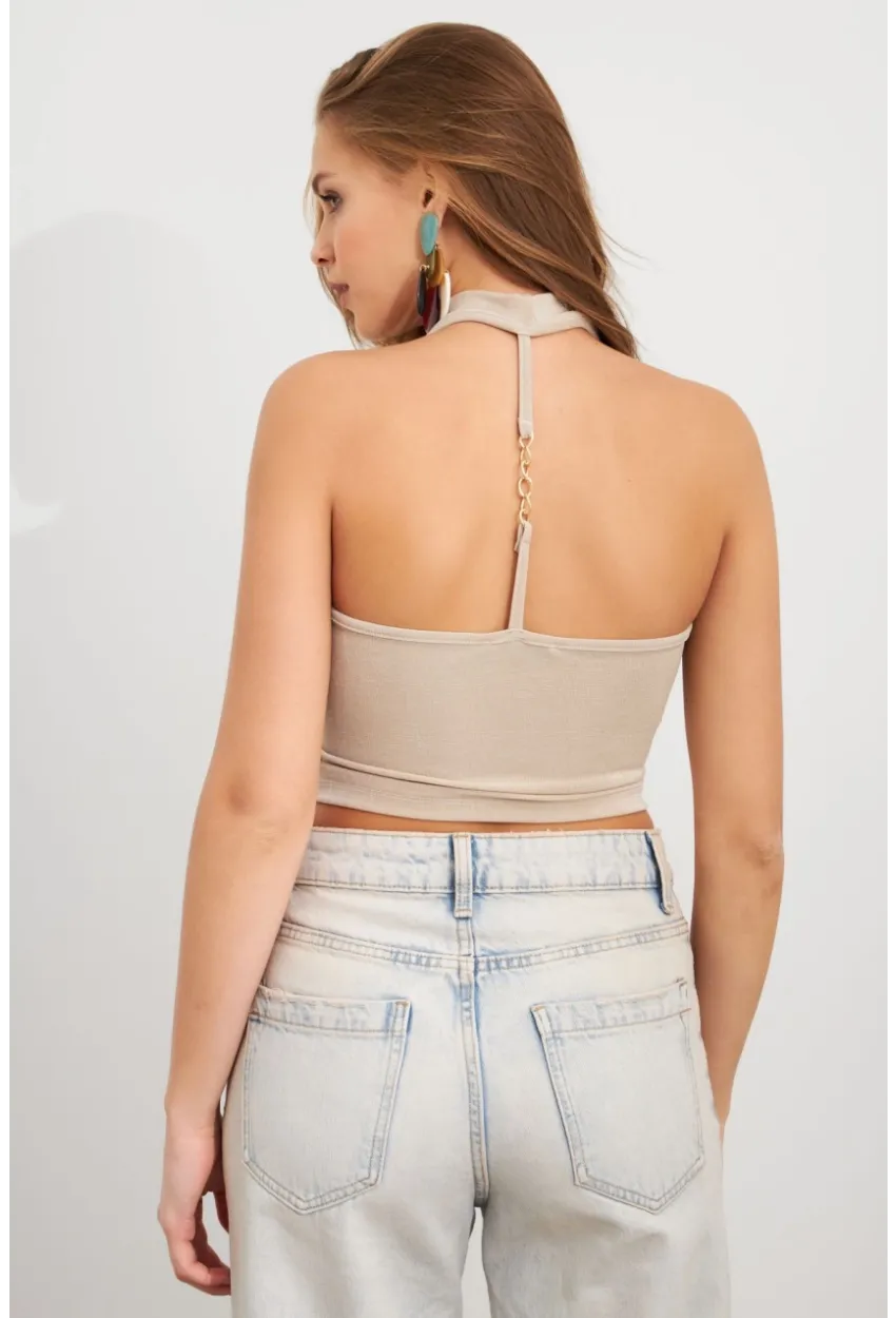 Kadın Vanilya Zincir Aksesuarlı Degaje Yaka Bluz MTK13443