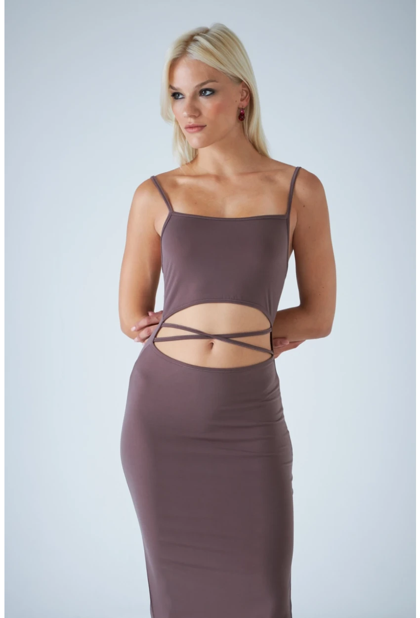 Kadın Vizon Sırtı Açık Pencereli Midi Elbise CEL001