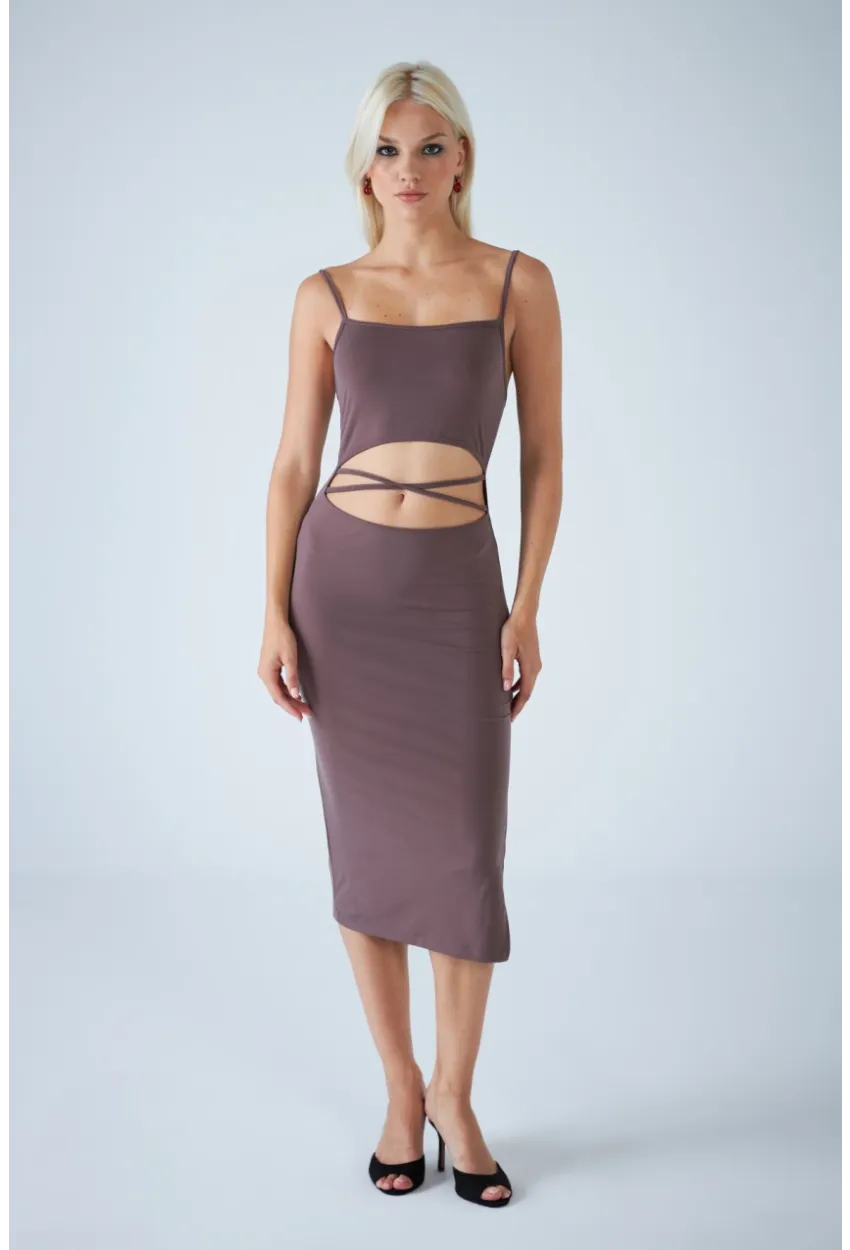 Kadın Vizon Sırtı Açık Pencereli Midi Elbise CEL001