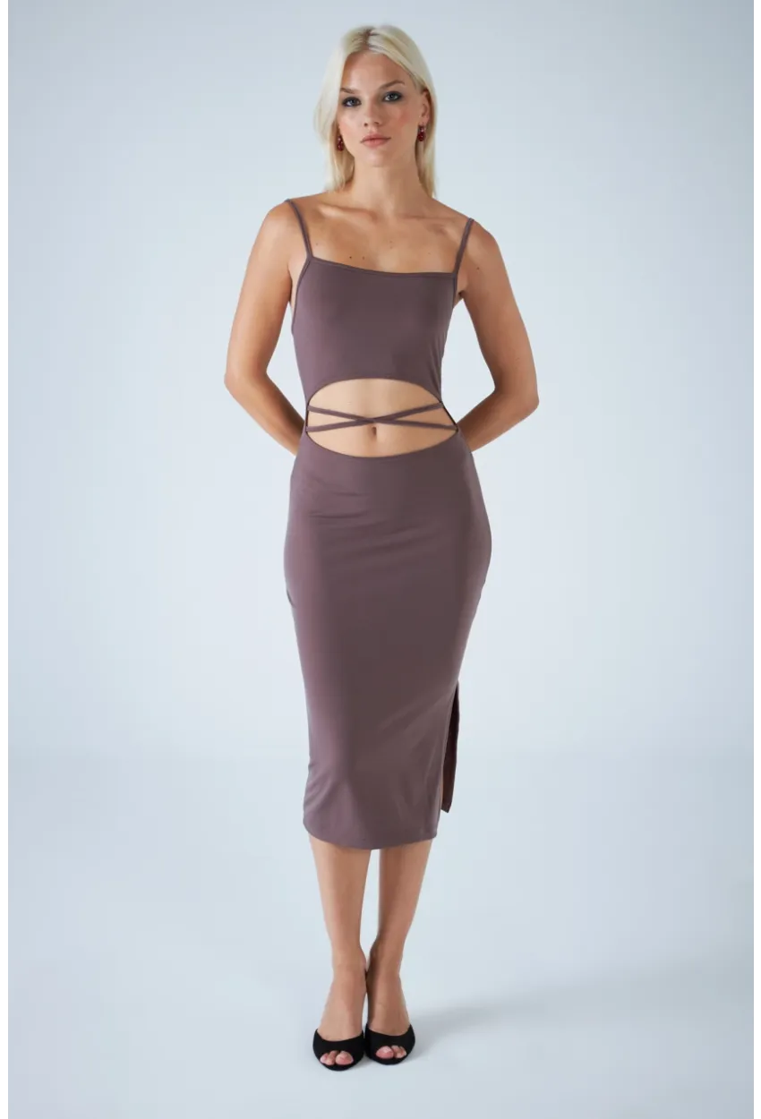 Kadın Vizon Sırtı Açık Pencereli Midi Elbise CEL001