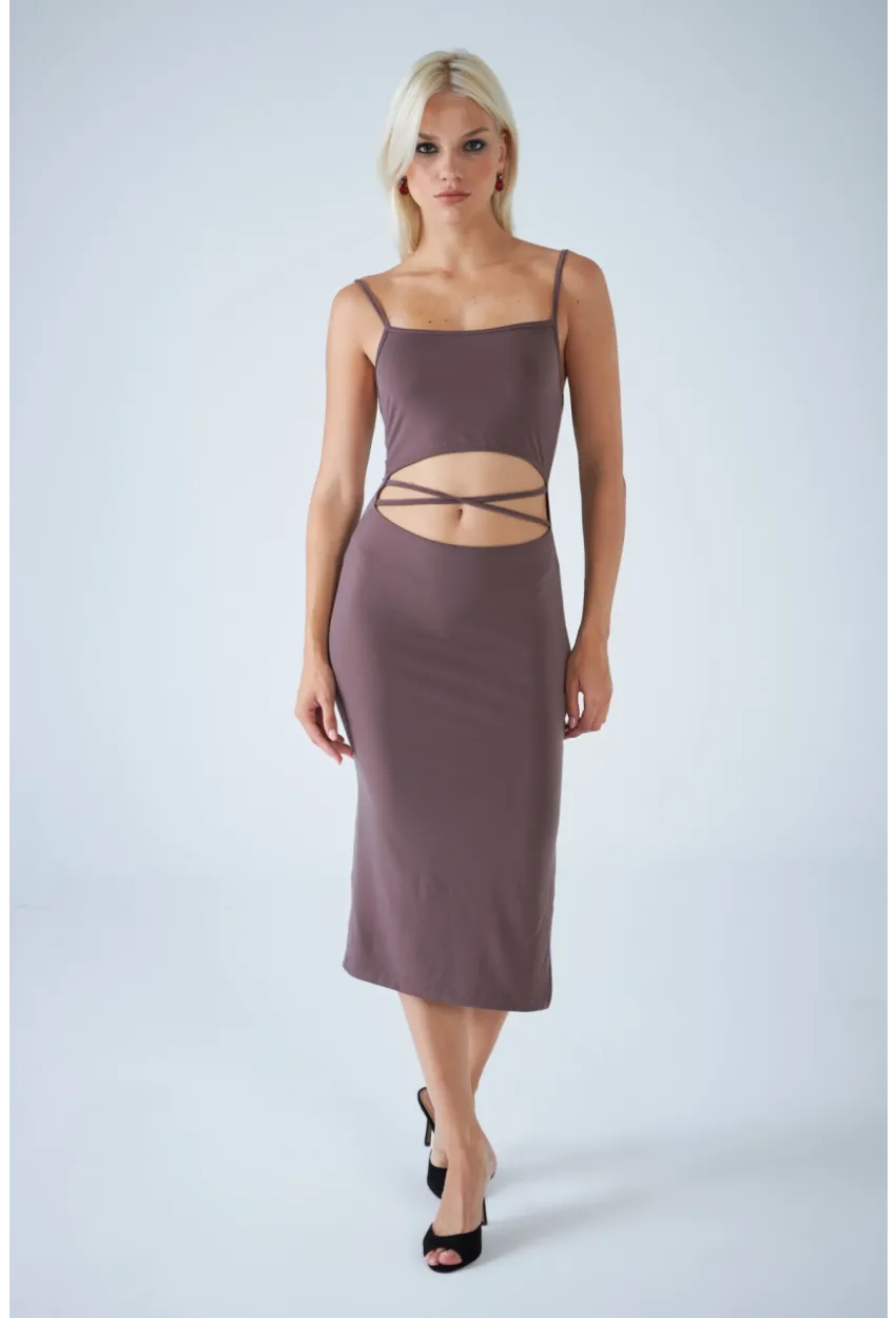 Kadın Vizon Sırtı Açık Pencereli Midi Elbise CEL001