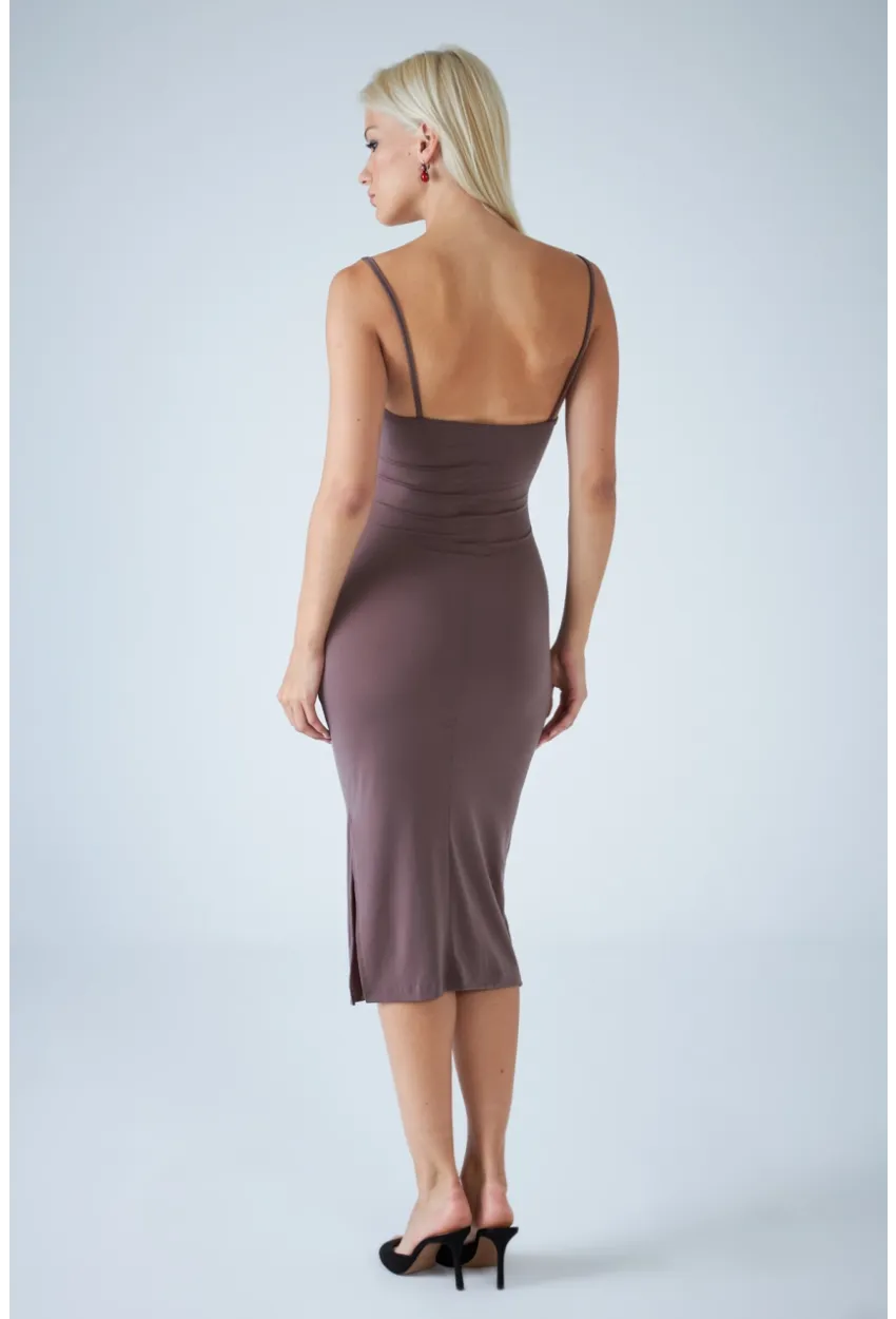 Kadın Vizon Sırtı Açık Pencereli Midi Elbise CEL001