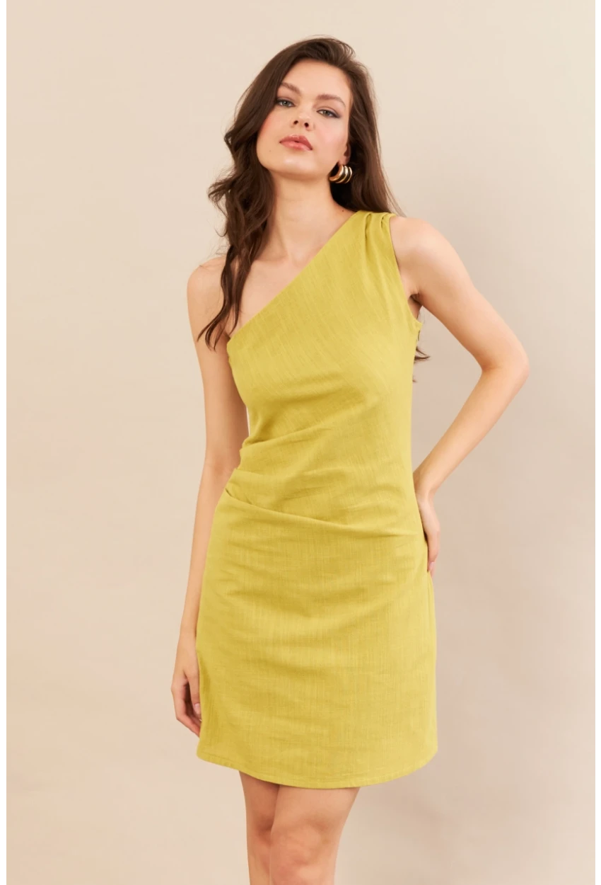 Kadın Yağ Yeşili Tek Omuz Astarlı Mini Keten Elbise AYD416