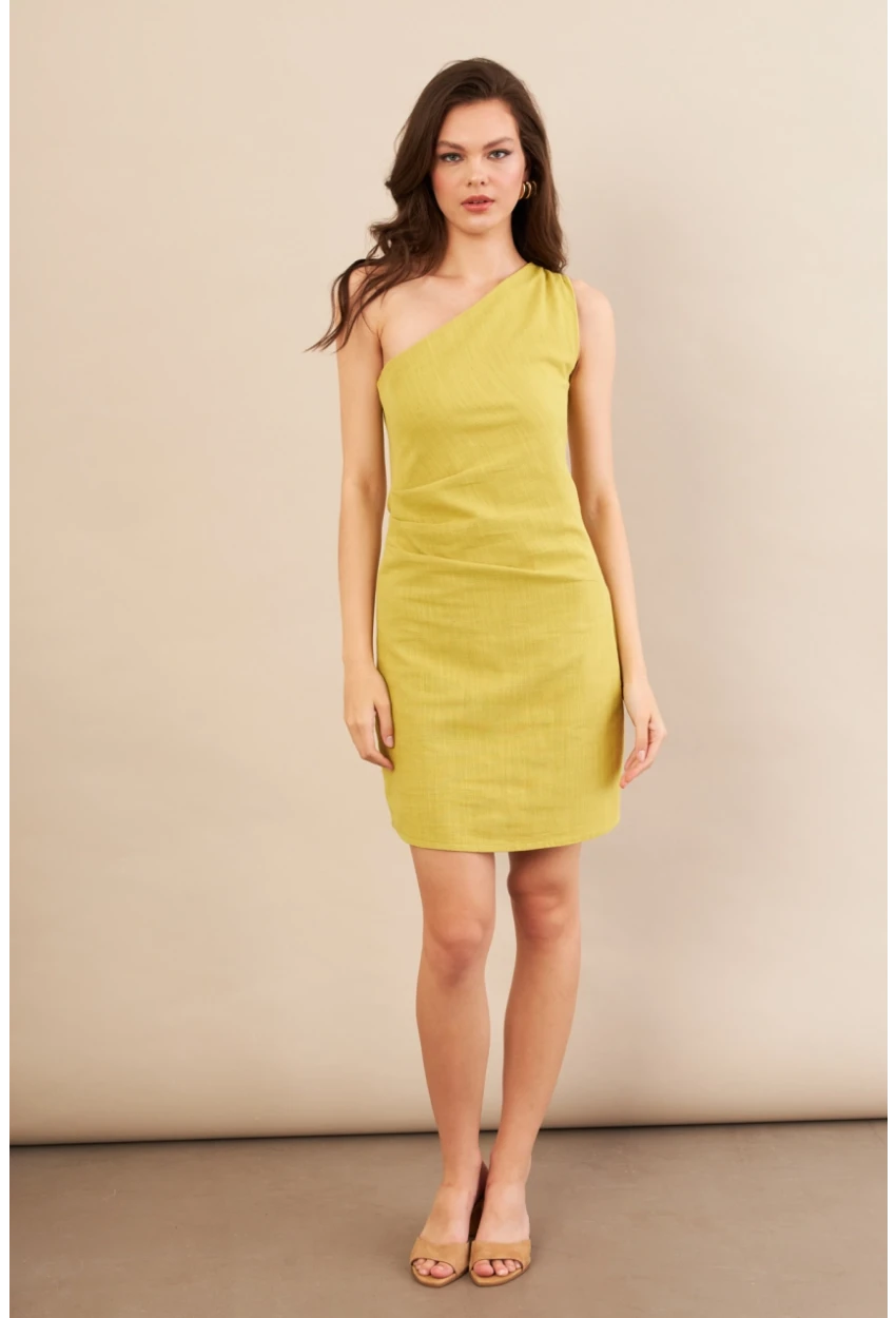 Kadın Yağ Yeşili Tek Omuz Astarlı Mini Keten Elbise AYD416