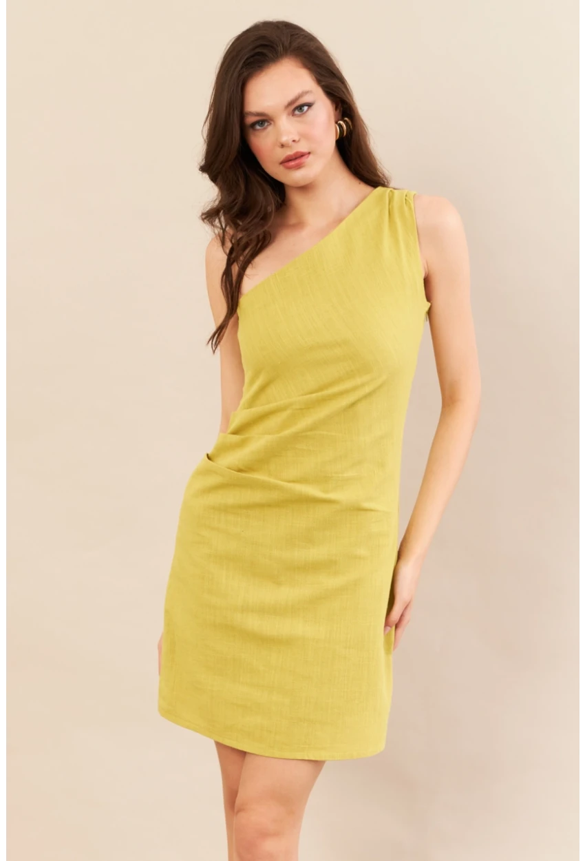 Kadın Yağ Yeşili Tek Omuz Astarlı Mini Keten Elbise AYD416