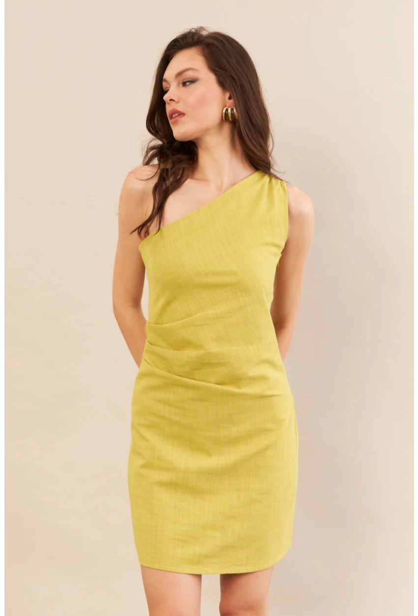 Kadın Yağ Yeşili Tek Omuz Astarlı Mini Keten Elbise AYD416