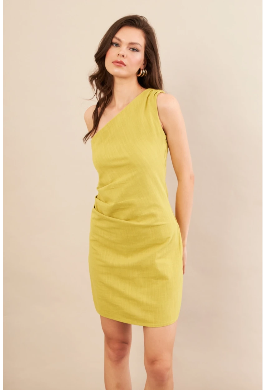 Kadın Yağ Yeşili Tek Omuz Astarlı Mini Keten Elbise AYD416