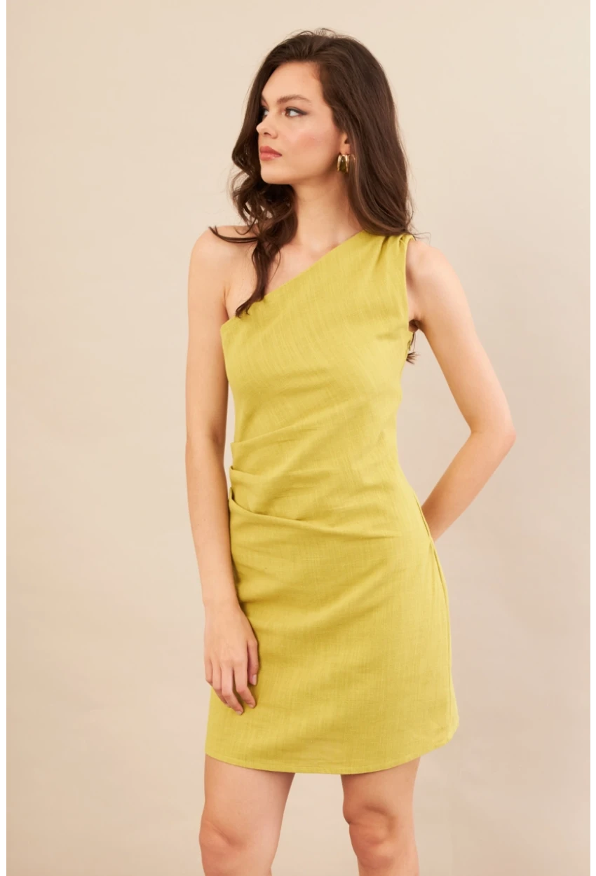 Kadın Yağ Yeşili Tek Omuz Astarlı Mini Keten Elbise AYD416