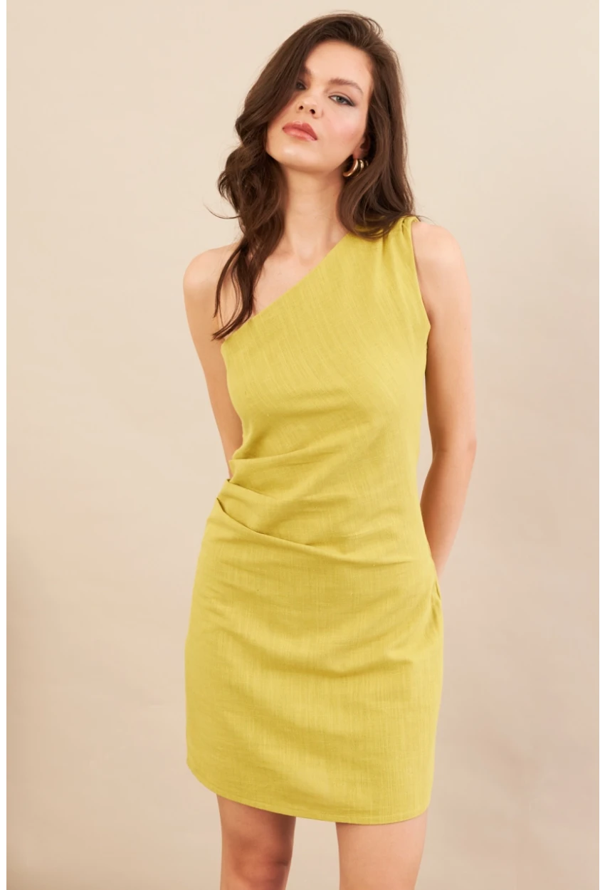 Kadın Yağ Yeşili Tek Omuz Astarlı Mini Keten Elbise AYD416