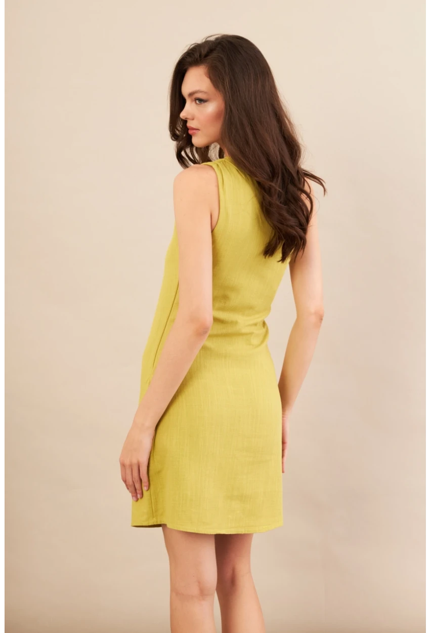 Kadın Yağ Yeşili Tek Omuz Astarlı Mini Keten Elbise AYD416