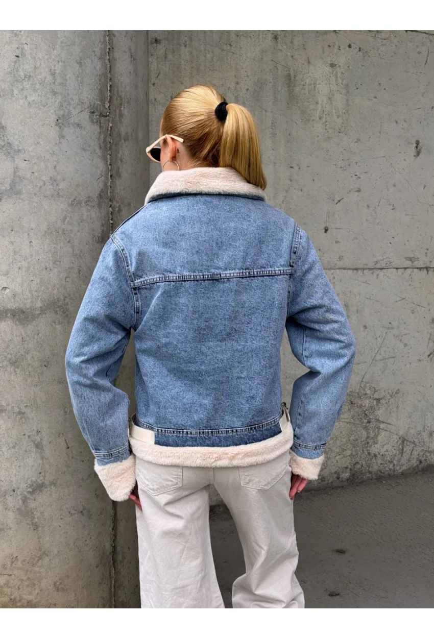 Kadın Yakası Peluş Kot Ceket