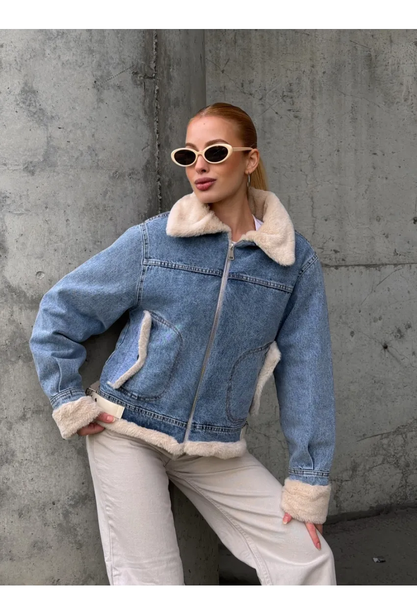 Kadın Yakası Peluş Kot Ceket