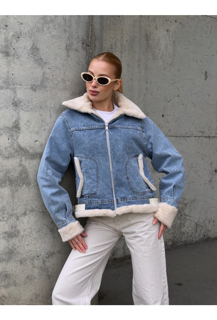 Kadın Yakası Peluş Kot Ceket