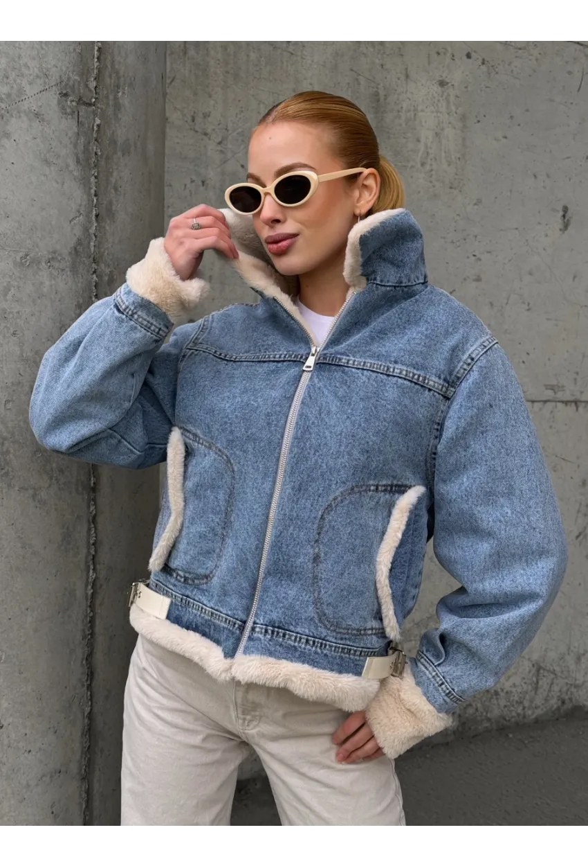 Kadın Yakası Peluş Kot Ceket