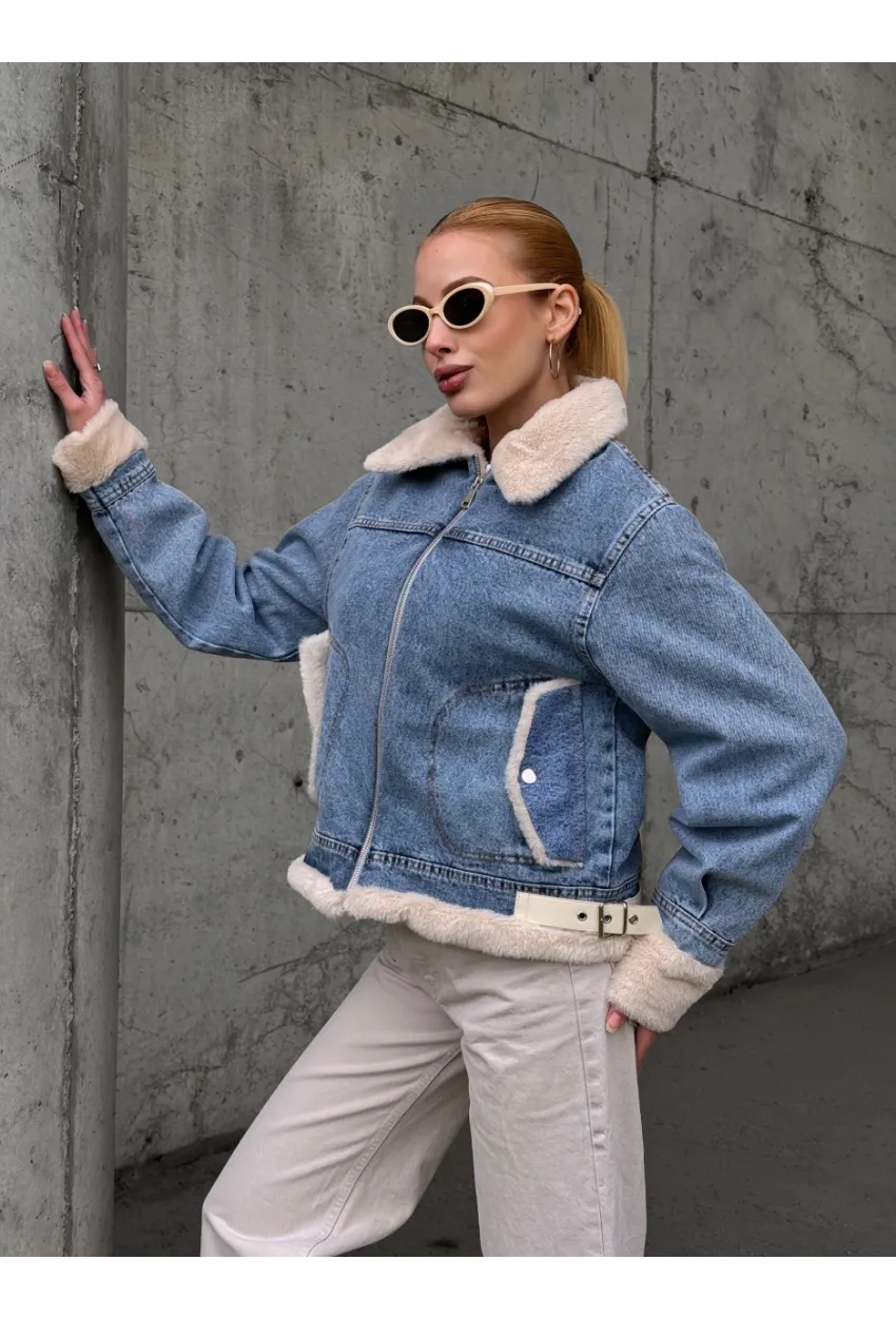 Kadın Yakası Peluş Kot Ceket